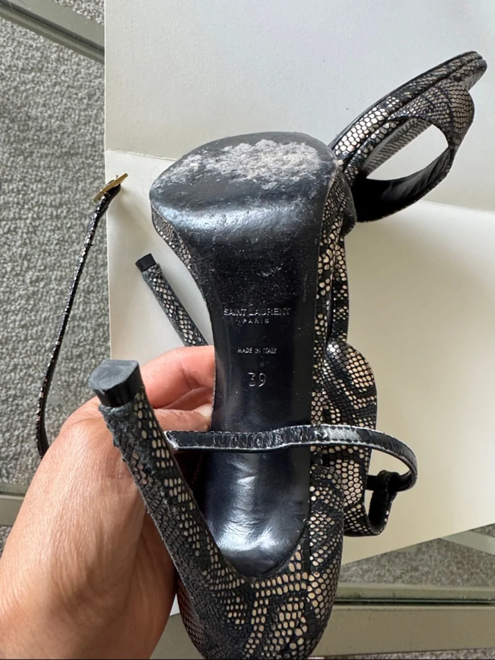 Saint Laurent Black and Silver Snakeskin Ankle-Strap Heels - Picture 5 of 6